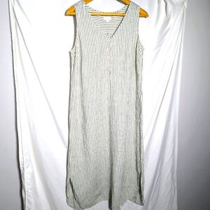 J.Jill Love Linen Mossy Gray & White Striped Sleeveless V-Neck Maxi Dress Sz M‎